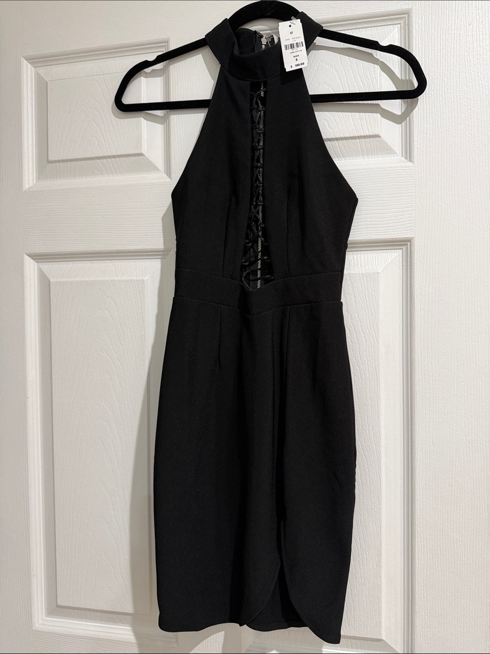 LF Black Halter Mini Dress with Lace Center Panel